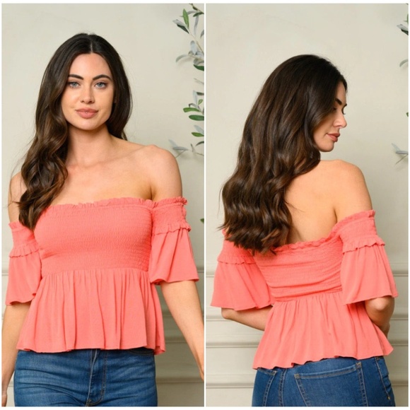 OFF SHOULDER SMOCKED RUFFLE TOP - Picture 1 of 4